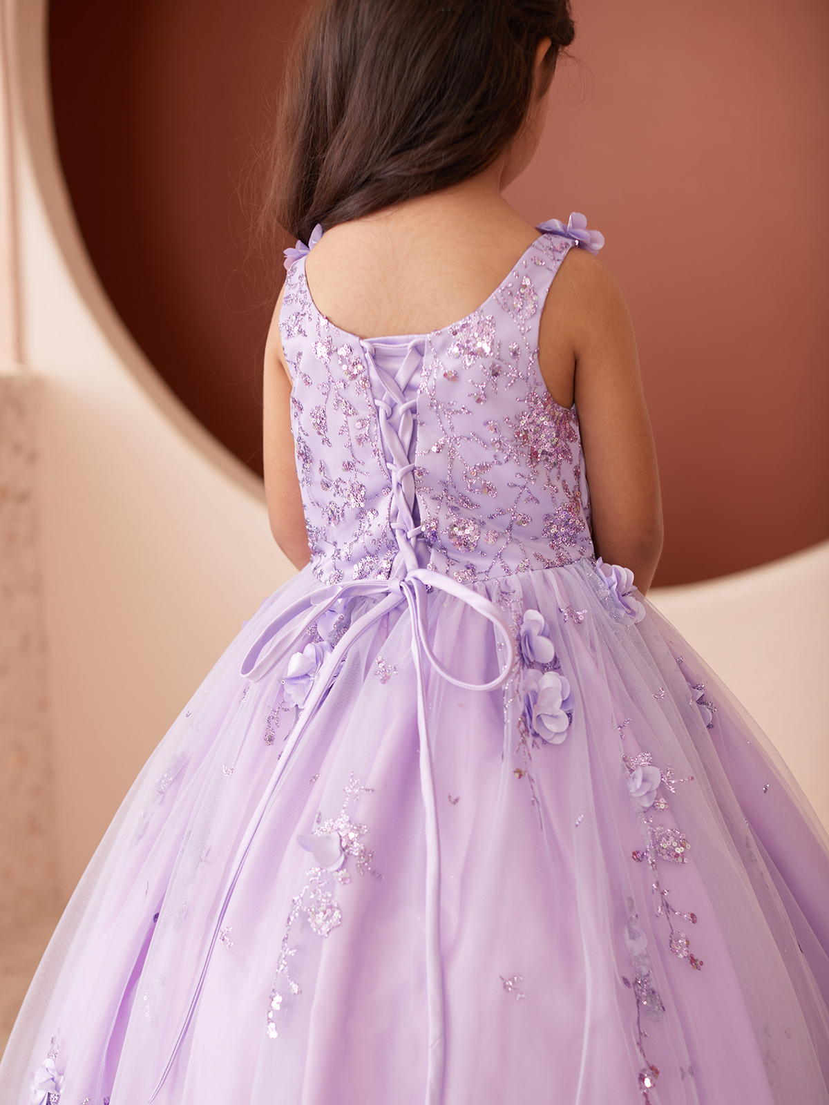 TT_7039_LL - Lilac 3D Floral Detail Dress with Mesh Overlay