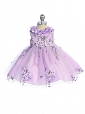 Lilac 3D Floral Detail Dress with Mesh Overlay Skirt