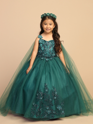 Emerald 3D Floral Dress with Detachable Cape