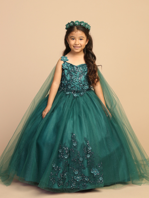 Emerald 3D Floral Dress with Detachable Cape