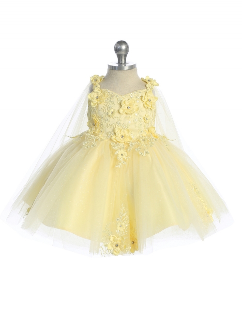 TT_7040s_YW - Baby Dress - Yellow 3D Floral Dress with Detachable Cape -  Yellows - Flower Girl Dresses - Flower Girl Dress For Less