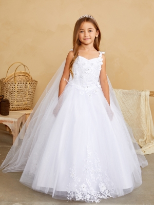 White 3D Floral Dress with Detachable Cape