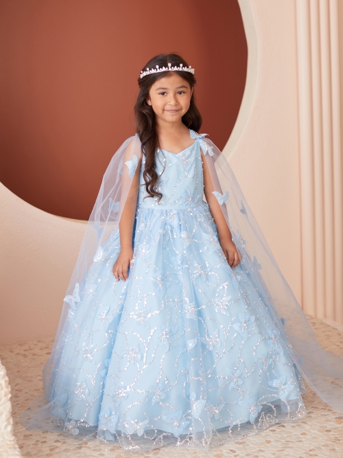 TT 7042 SKY Sky Blue 3D Butterfly Dress with Matching Cape New Items Flower Girl Dresses Flower Girl Dress For Less