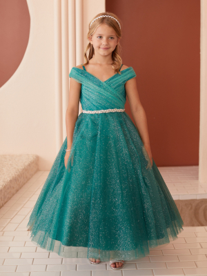 Emerald Off Shoulder Glitter Tulle Dress with Rhinestones on Waist