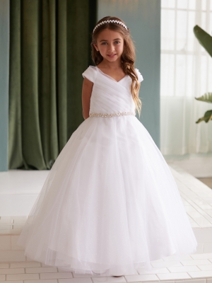 Off Shoulder Glitter Tulle Dress with Rhinestones on Waist in choice of White or Ivory