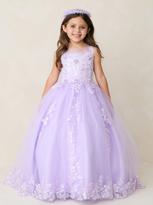 Lilac Corset Back Floral Embroidered Gown with Flowing Train