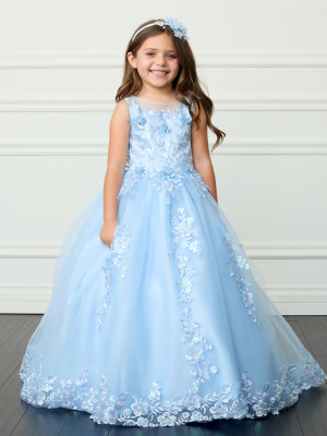Sky Blue Corset Back Floral Embroidered Gown with Flowing Train