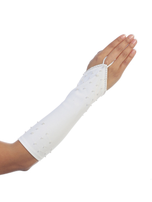 Satin Fingerless Long Gloves with Peal Detailing