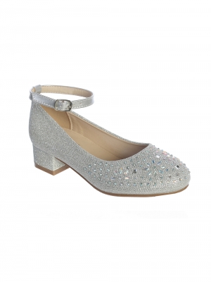Silver Metallic Glitter Block Heels with Rhinestone Details
