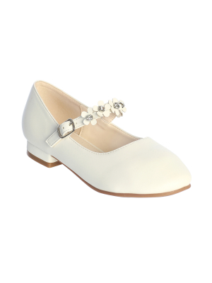 Ivory Leatherette Shoes with Flowers Across the Strap
