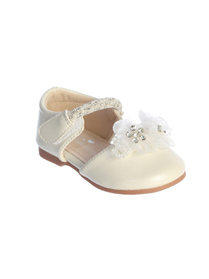 Girls Shoe Style S196 - Ivory Matte Flats with Organza Flowers & Velcro Strap