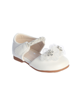 Girls Shoe Style S196 - White Matte Flats with Organza Flowers & Velcro Strap