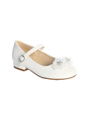 White Matte Shoes with Organza Flowers and Beads with a Mini Heel