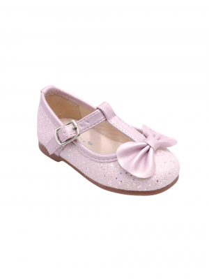 Girls Shoe Style S202 - Pink Sparkle Bow T-Strap Flats with Velcro Closure