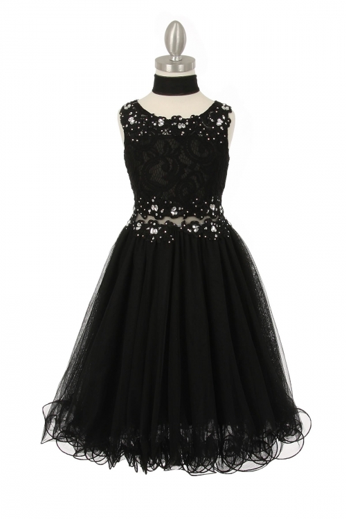 Girls Dress Style 5010 BLACK Rhinestone Lace Dress with Peekaboo Waist