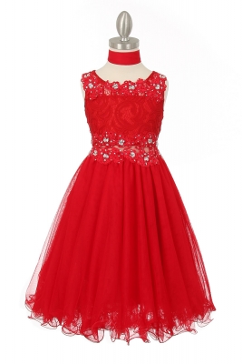 Girls Dress Style  5010 - RED Rhinestone Lace Dress with Peekaboo Waist
