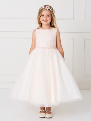 Girls Dress Style 5752 - Sleeveless Embroidered Beaded Gown in Blush