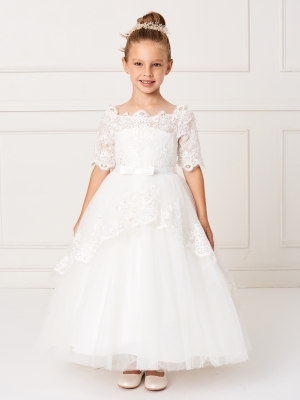 XPLE Flower Girl Lace Dress Country Dresses With Long Sleeves D45