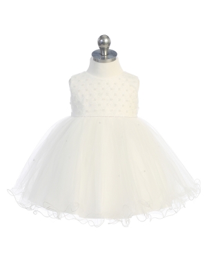 Ivory Infant Dress with Lace Bodice and Scattered Pearls