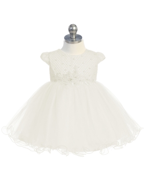 Girls Dress Style 5784 - Gorgeous Cap Sleeved Waffle Pattern Bodice with Lace Applique Baptism Dress