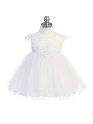 Girls Dress Style 5784 - Gorgeous Cap Sleeved Waffle Pattern Bodice with Lace Applique Baptism Dress