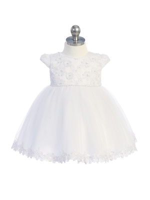 Girls Dress Style 5785 - Beautiful Capped Sleeve Infant Dress with 3D Flowers on the Lace Bodice