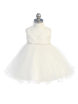 Ivory Sleeveless Lace  Bodice with Rhinestone Strip Waist and Tulle Skirt