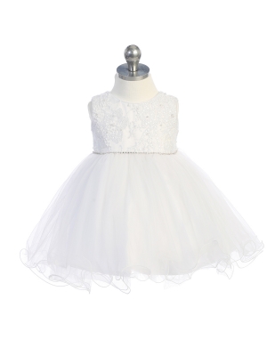 Sleeveless Lace Bodice with Rhinestone Strip on Waist and Tulle Skirt in Choice of Color