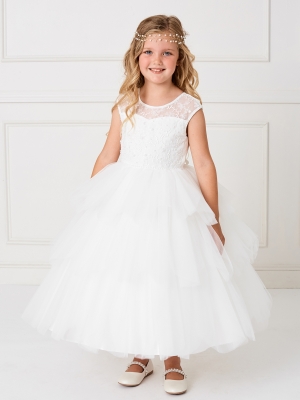 Girls Dress Style 5791 - Layered Ruffle Dress with Illusion Lace Top in Ivory