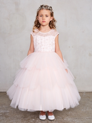Girls Dress Style 5791 - Layered Ruffle Dress with Illusion Lace Top in Blush