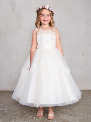 Girls Dress Style 5794 - Illusion Neckline with Soft Lace Peplum Dress in Champagne