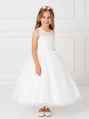 Girls Dress Style 5794 - Gorgeous Dress with Illusion Neckline and Lace bodice and Peplum in Ivory