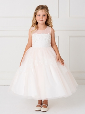 Girls Dress Style 5794 - Gorgeous Dress with Illusion Neckline and Lace bodice and Peplum in Blush