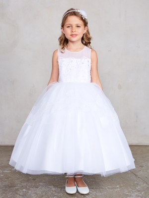 Girls Dress Style 5794 - Gorgeous Dress with Illusion Neckline and Lace bodice and Peplum in White