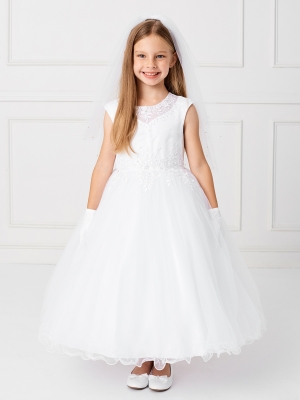 Girls Dress Style 5795 - Satin Bodice Gown with Illusion Neckline and Lace Applique in White