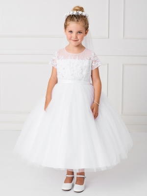Girls Dress Style 5796 - Sleeved Illusion Neckline Dress with Elegant Floral Lace bodice in White