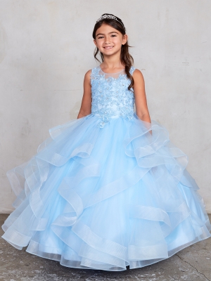 Girls Dress Style 7018 - Sky Blue Illusion Neckline with Horsehair Trim Skirt