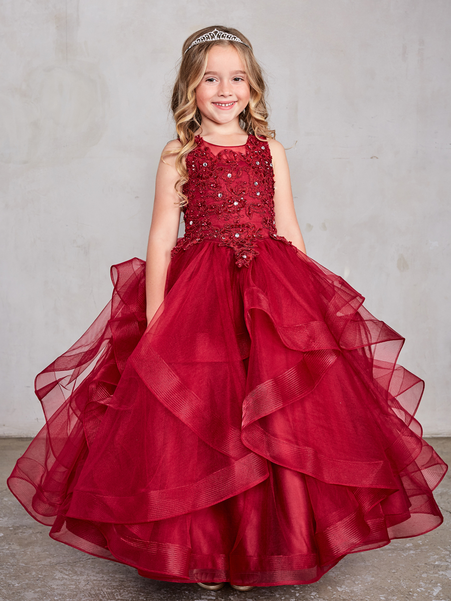 TT_7018BUR - Girls Dress Style 7018 - Burgundy Illusion Neckline with  Layered Mesh Skirt and horsehair trim - Girls-Dresses - Flower Girl Dresses  - Flower Girl Dress For Less