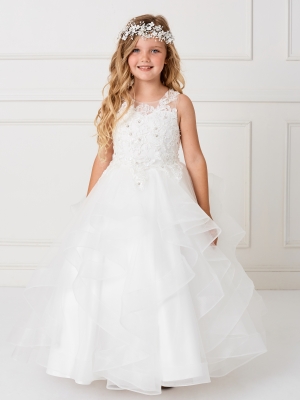 Girls Dress Style 7018 - Ivory Illusion Neckline Layered Mesh Skirt with Horsehair Trim Dress