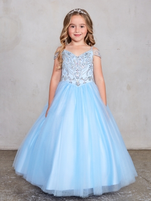 Girls Dress Style 7021 - Elegant Off the Shoulder Spaghetti Strap Pageant Dress in Sky Blue