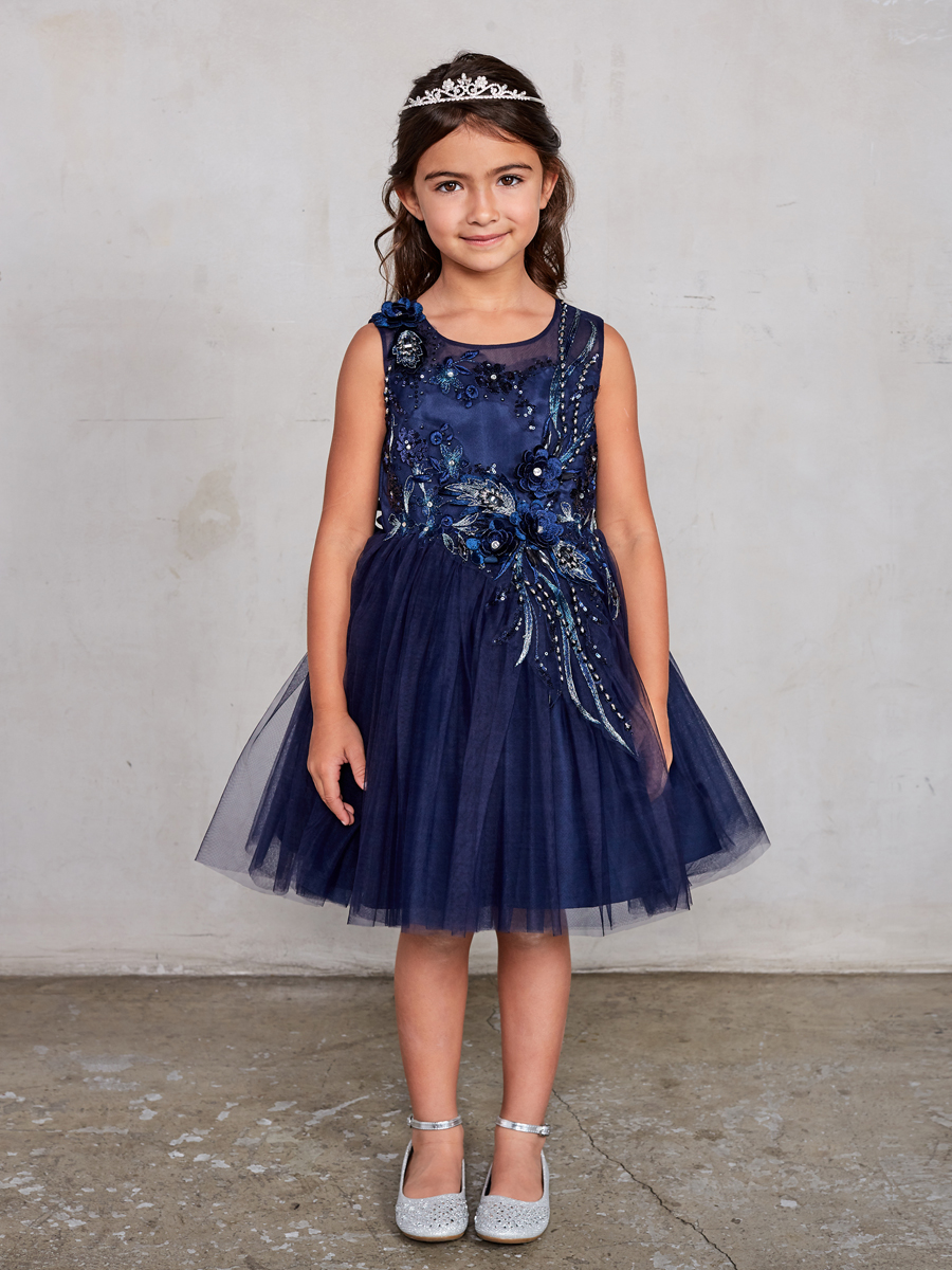 TT_7027NV - Navy Blue Sleeveless Dress with 3D Flowers and