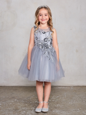 Silver Sleeveless Dress with 3D Flowers and Mesh Overlay Skirt