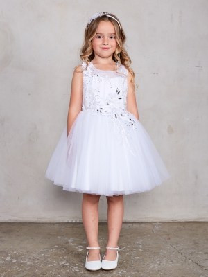 White Sleeveless Dress with 3D Flowers and Mesh Overlay Skirt