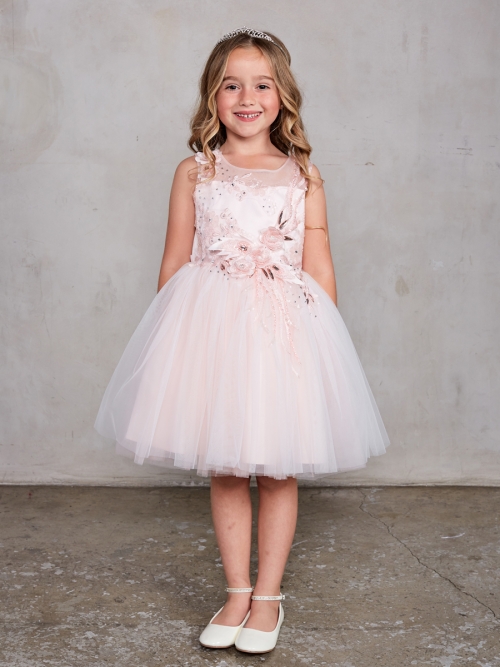 TT 7027BH Blush Sleeveless Dress with 3D Flowers and Mesh Overlay Skirt Girls Dresses Flower Girl Dresses Flower Girl Dress For Less