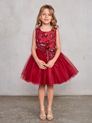 Burgundy Sleeveless Dress with 3D Flowers and Mesh Overlay Skirt
