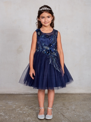 Navy Blue Sleeveless Dress with 3D Flowers and Mesh Overlay Skirt