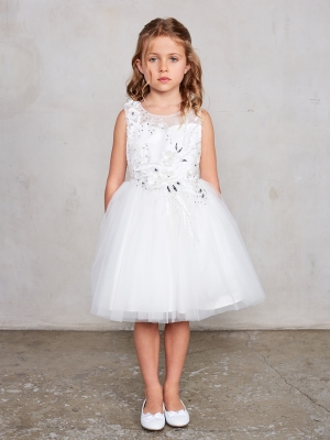 Ivory Sleeveless Dress with 3D Flowers and Mesh Overlay Skirt