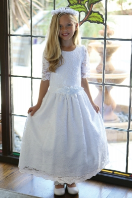 SALE - WHITE Long Sleeve Lace Dress with Floral Accents