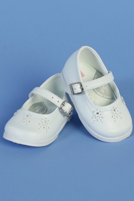 Girls Infant-Toddler Shoe Style SH641 - WHITE Leather Mary Jane Shoes with Floral Design