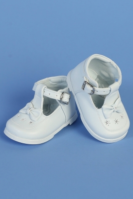 Girls Infant-Toddler Shoe Style SH644 - WHITE Leather T-Strap Cut Out Shoes with Bows